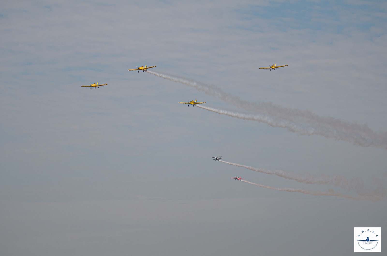 Aviones agrícolas en formación con humo